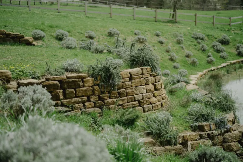 Mur de soutènement en pierre dans un jardin en pente